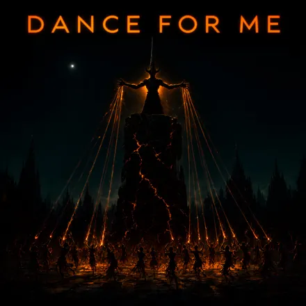 Cover art for Dance for Me: a horned figure on a burning tower pulls strings of orange light down to a crowd of dancers.
