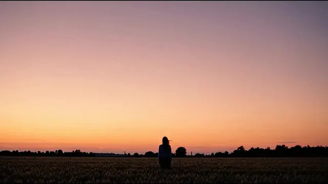 Still from Dither: a lone figure in a field under a banded dusk.