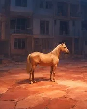 Embergait: a golden horse in an empty city at dusk.