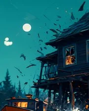 Second Moon: a house on stilts over a lake under a pale moon.