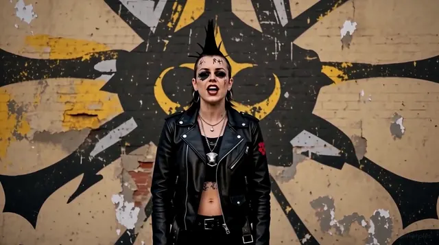 Still from Small Deaths: a punk woman in a leather jacket in front of a painted wall.