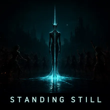 Cover art for Standing Still: a tall horned figure stands in a dark plaza, a line of cyan light running into the wet floor.