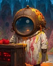 Sundown Supper: a figure in a diving helmet in a cave of eyes.